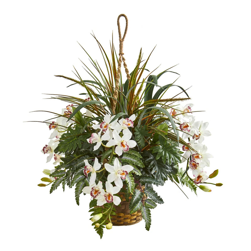 Nearly Natural 29Ó Cymbidium Orchid Mixed Greens Artificial Plant Hanging Basket Green Plant