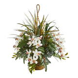 Nearly Natural 29Ó Cymbidium Orchid Mixed Greens Artificial Plant Hanging Basket Green Plant
