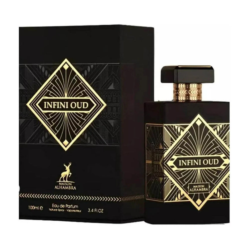 Infini Oud Maison Alhambra Eau de Parfum bottle with box, dark and gold label