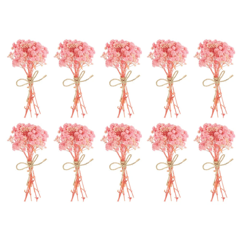 Set of 10 mini dried bouquets with light pink baby's breath, tied twine