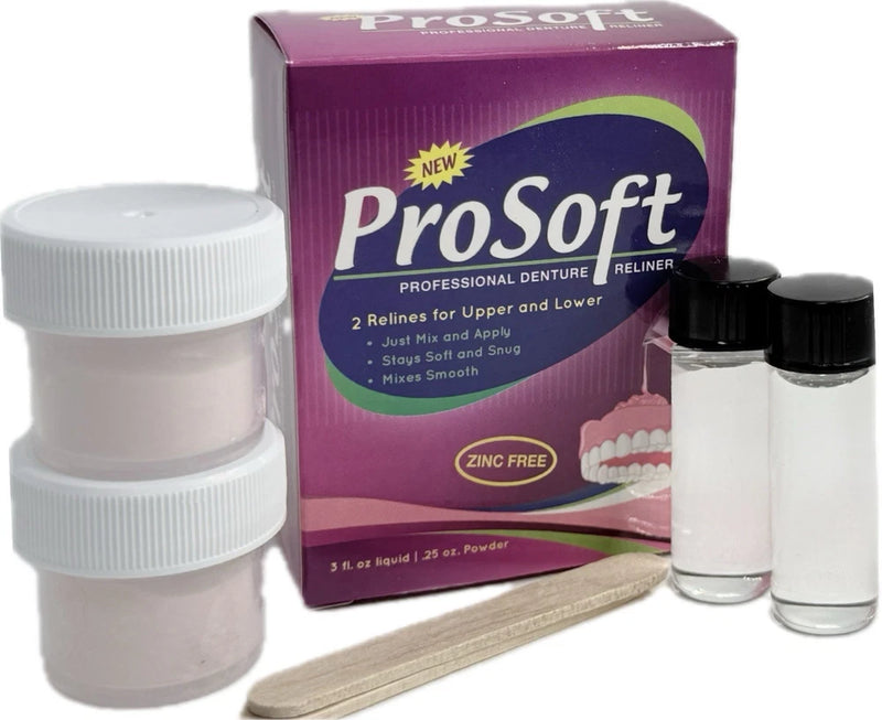 Zinc-free denture reline kit with soft liner, bottles, jars, and mixing stick