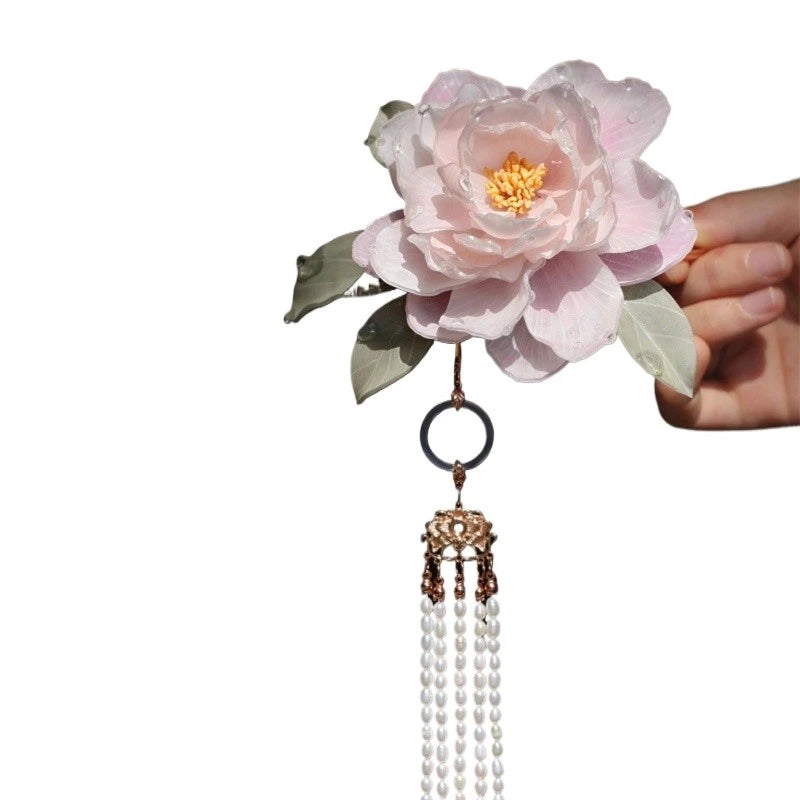 Pink peony flower hairpin with dangling pearl bead tassel