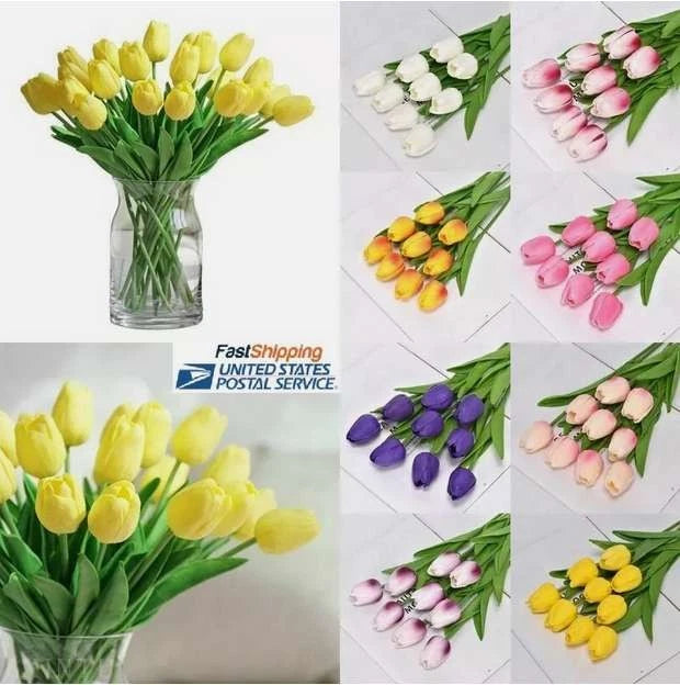 Artificial tulip stems bouquet set, multicolor (yellow, pink, white, purple)