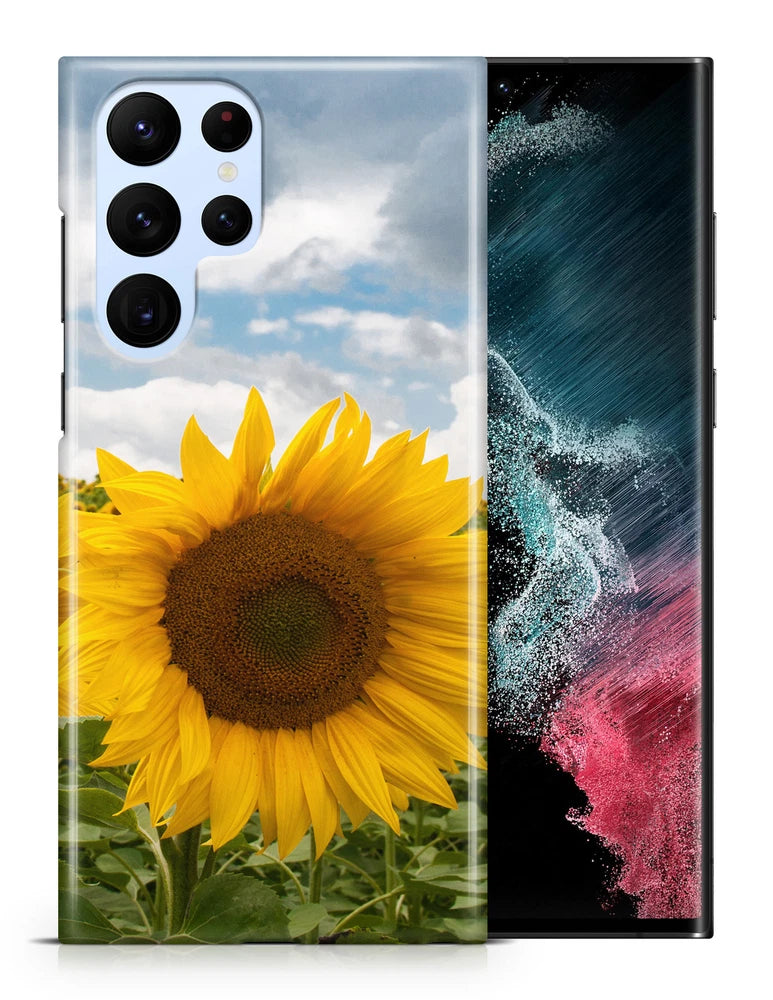 Clear phone case with large yellow sunflower graphic for Samsung Galaxy