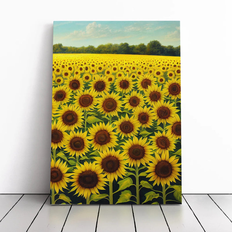 Framed canvas wall art print with yellow sunflower field and green leaves