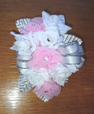 NEW 5" Artificial White Rose Wrist Corsage Bout SilverBow Pink Tulle Rhinestone Bouquet