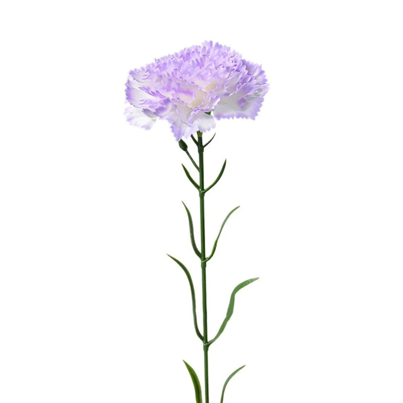 Artificial carnation flower with lavender blossoms and green stem, single stem arrangement