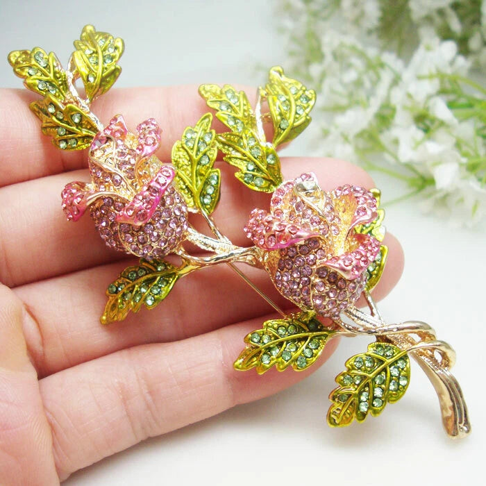 Gold Tone Fashion Pink Flower Rose Woman Brooch Pin Corsage Rhinestone Crystal Roses