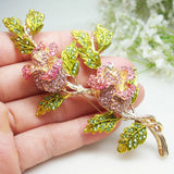 Gold Tone Fashion Pink Flower Rose Woman Brooch Pin Corsage Rhinestone Crystal Roses