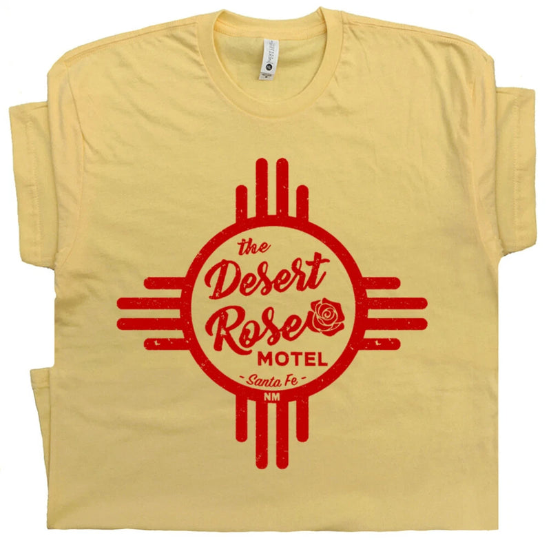Pale yellow graphic T-shirt with red Desert Rose Motel logo and roses
