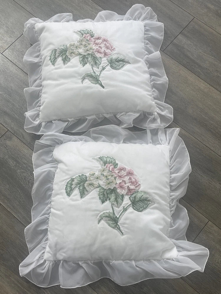 Floral Pillow Chiffon Rose Hydrangea White Ruffle Square Cotttagecore Fairycore Hydrangea