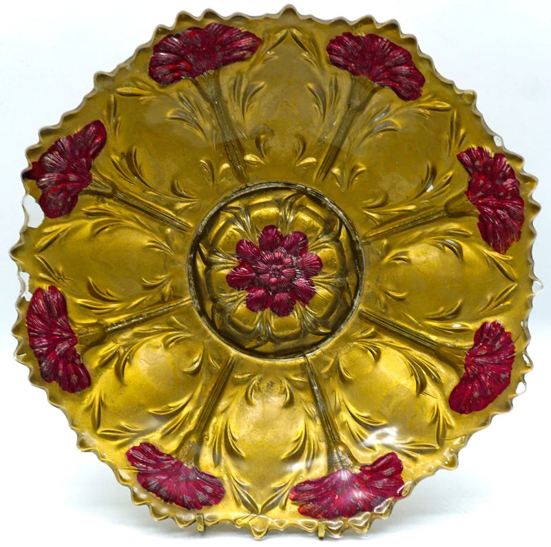 Vintage pressed glass cake plate, gold with red floral rim and center medallion