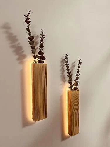 Rustic wooden wall planters with LED light and faux eucalyptus stems, green leaves