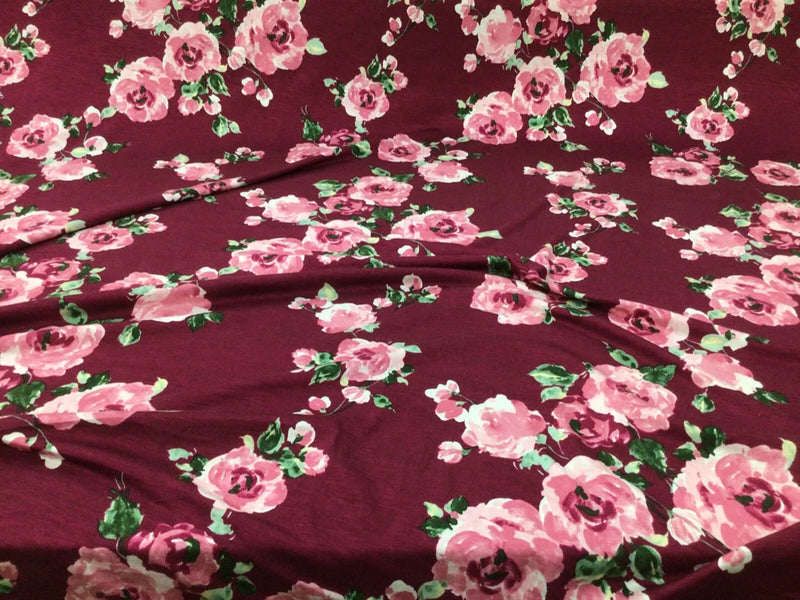 Printed Rayon Spandex 4 way Stretch Apparel Fabric Burgundy Mauve Floral H201 Flowering Plants