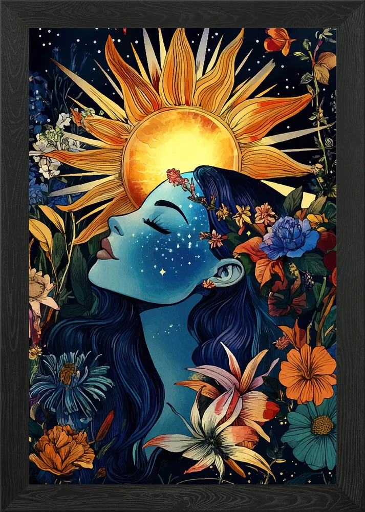Framed wall art canvas print with large yellow sun, blue woman face, flowers and butterflies