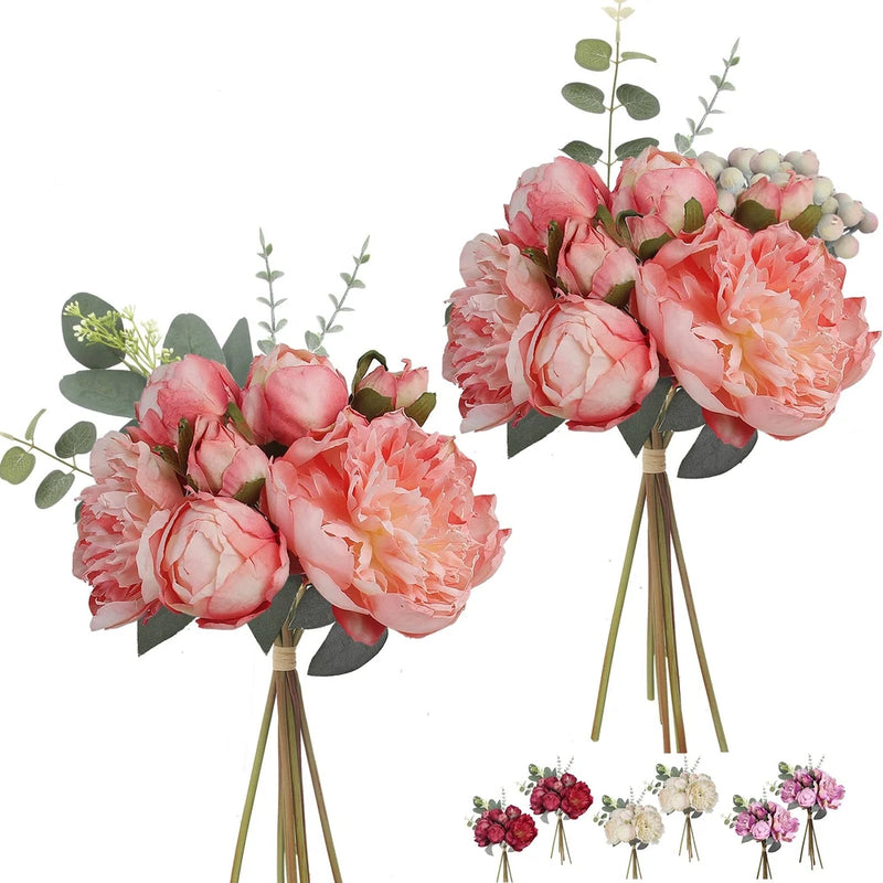 Artificial pink peony bouquet with eucalyptus leaves and long green stems, two arrangements
