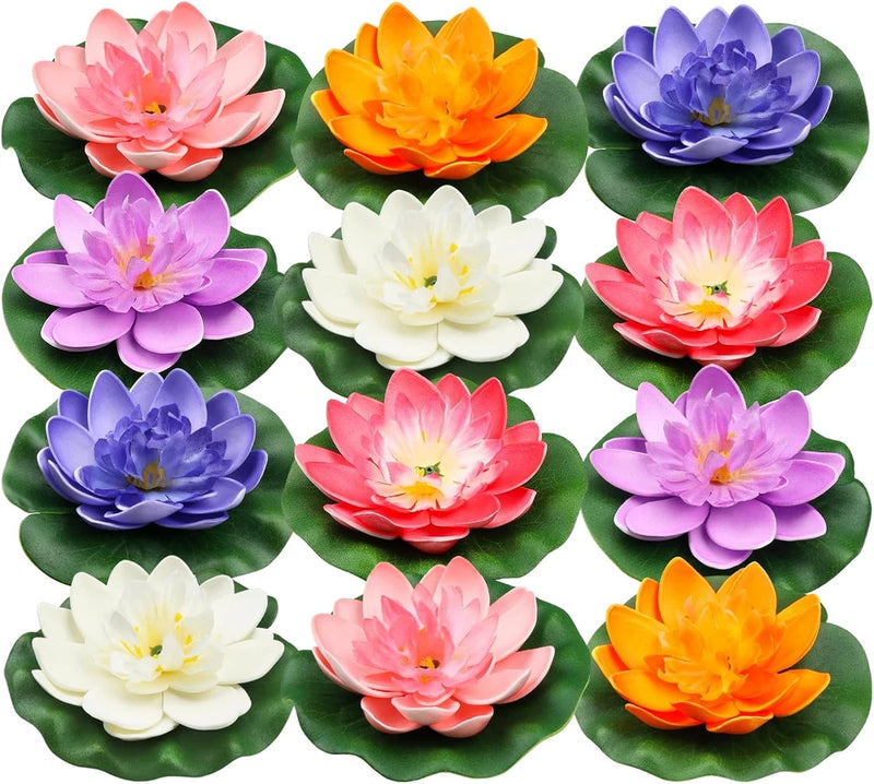 Floating foam lotus flower and lily pad set, pink, orange, purple, and white blossoms