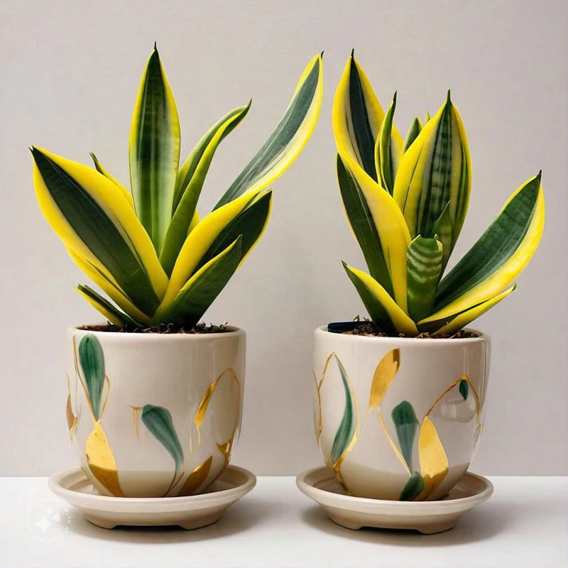 Pair of two potted snake plants with upright variegated green leaves in white patterned pots