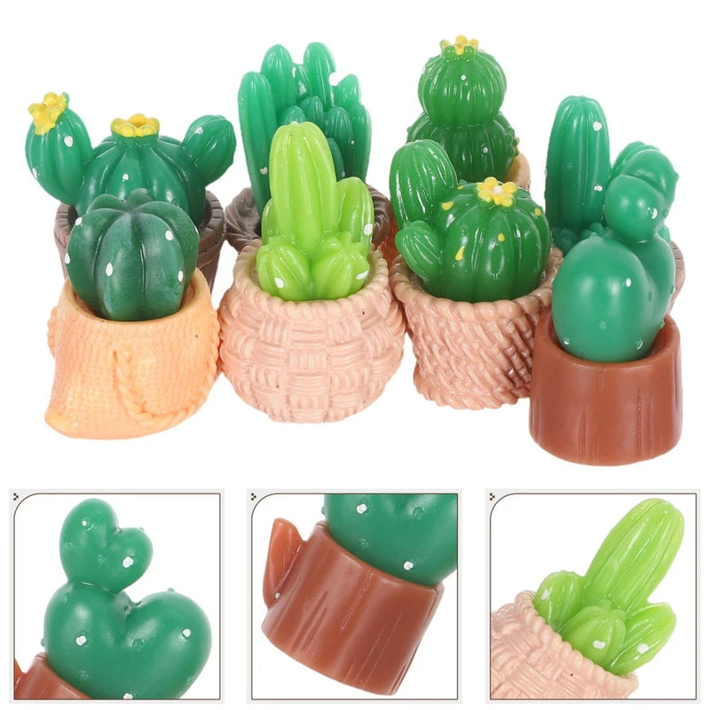 Assorted green cactus figurines in terracotta and woven pots, decorative outdoor plants