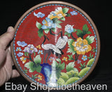 8.4" Old China Copper Cloisonne Enamel Palace Crane Peony Flower Dish Plate Peony