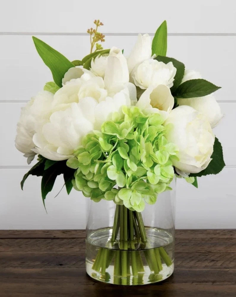 Faux 12Ó Peony Arrangement in Glass Vase Home Decor White Green Hydrangea