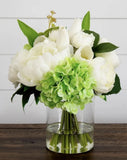 Faux 12Ó Peony Arrangement in Glass Vase Home Decor White Green Hydrangea