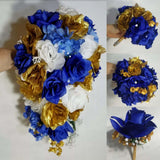 Royal Blue White Gold Rose Bridal Wedding Bouquet Accessories Bouquet