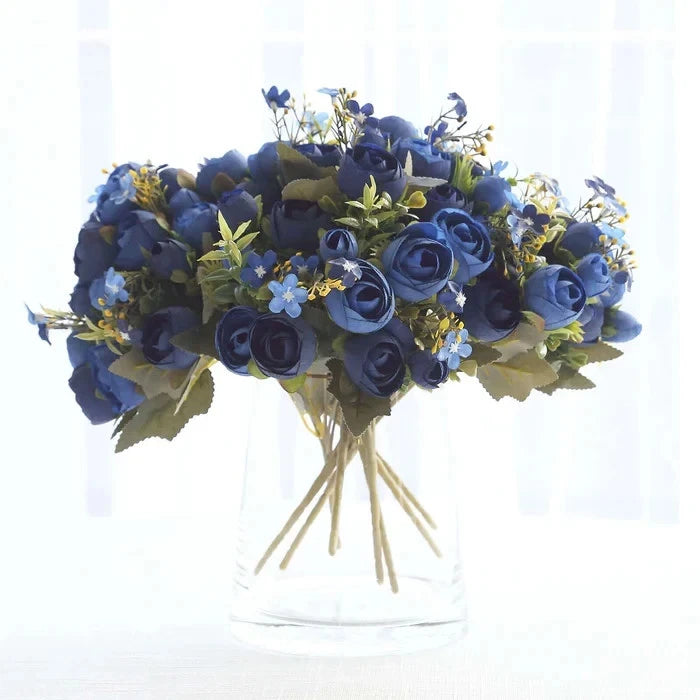 18 Artificial Navy Blue Ranunculus Silk Flower Bridal Bouquets, Faux Bouquet