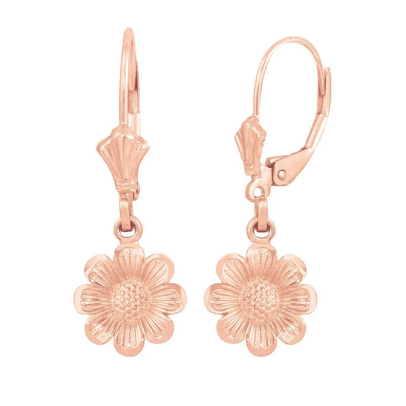 14k rose gold sunflower leverback earrings with diamond-cut textured flower details