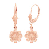 14k Solid Rose Gold Sunflower Diamond Cut Leverback Earrings Set Sunflower