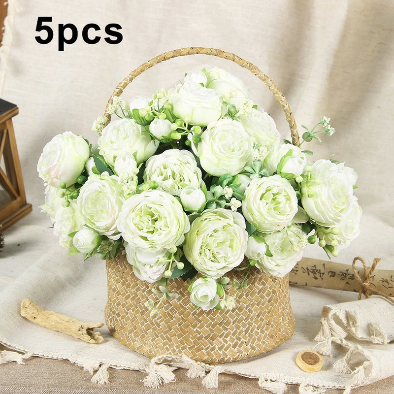 Artificial Peony Flowers Set of 5 for Bridal Bouquets and Floral Centerpieces Green Plant