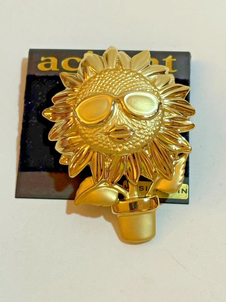 Gold Tone Sunflower w Sunglasses Flower Lapel Pin Brooch Not Working Musical Sunflower