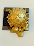 Gold Tone Sunflower w Sunglasses Flower Lapel Pin Brooch Not Working Musical Sunflower