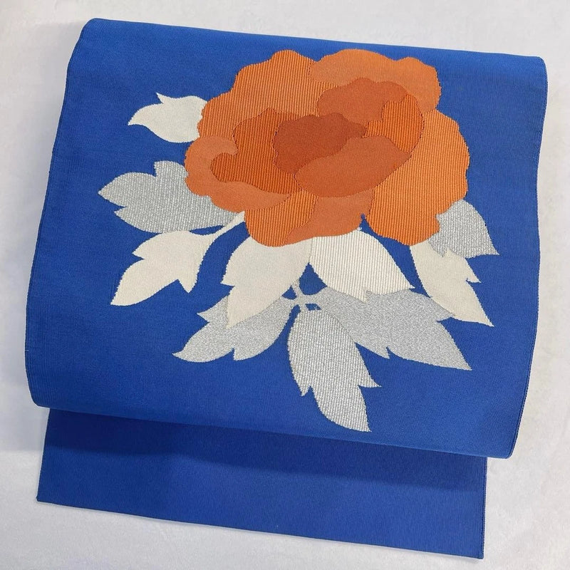 Japanese Kimono Obi Belt Pure Silk Silver Thread Peony Blue Flower 062T Peony