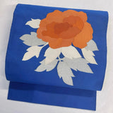 Japanese Kimono Obi Belt Pure Silk Silver Thread Peony Blue Flower 062T Peony