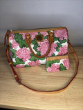 Dooney & Bourke Pink Hydrangea Floral Satchel W/ Card Case & Shoulder Strap Hydrangea