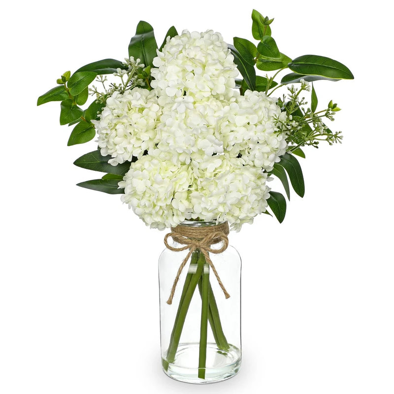 White Hydrangea Artificial Flowers in Clear Glass Vase with Faux Water Silk H... Hydrangea