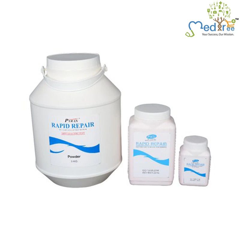Denture repair powder kit with Rapid Repair jars, white and blue labels