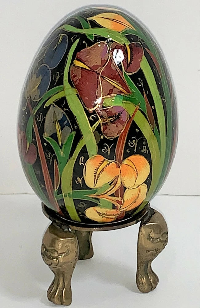 Floral Handpainted Calla Lilies Lily Floral Flower VTG 4" Egg Brass Metal Stand Lily