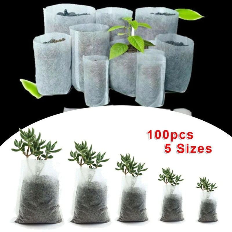 Biodegradable non woven grow bag set, 100 pcs in five sizes, gray fabric planters