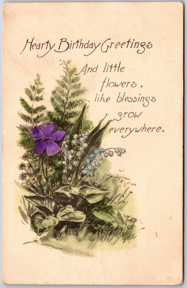 Hearty Birthday Greetings, Purple Violet & Lily Of The Valley, Ferns, Postcard Lily