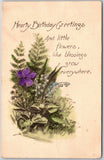 Hearty Birthday Greetings, Purple Violet & Lily Of The Valley, Ferns, Postcard Lily