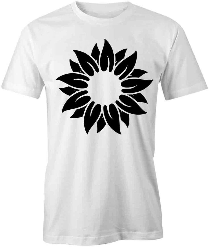 White short-sleeve cotton T-shirt with large black sunflower graphic on the front