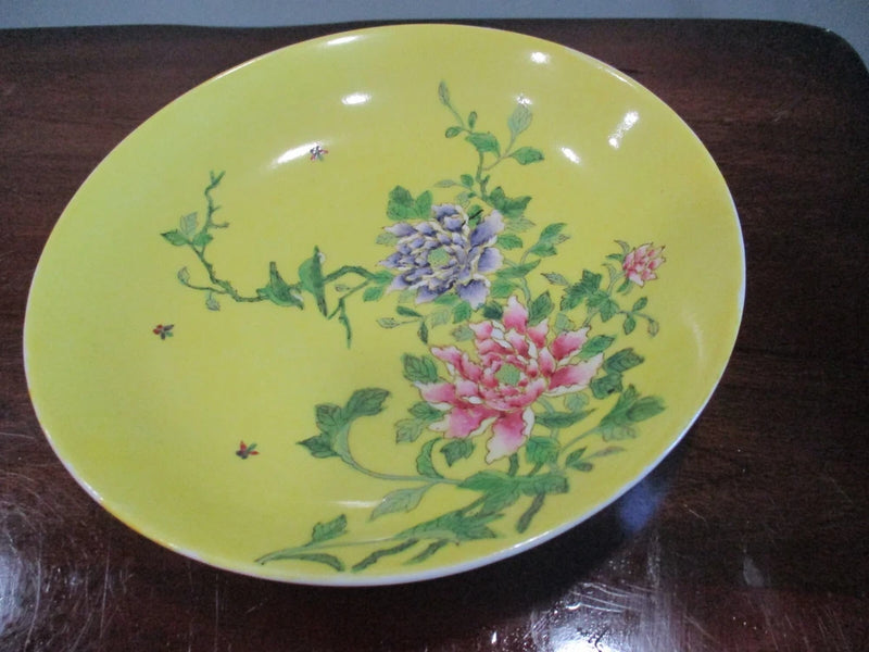 Porcelain bowl dish with hand-painted carnation and green leaves