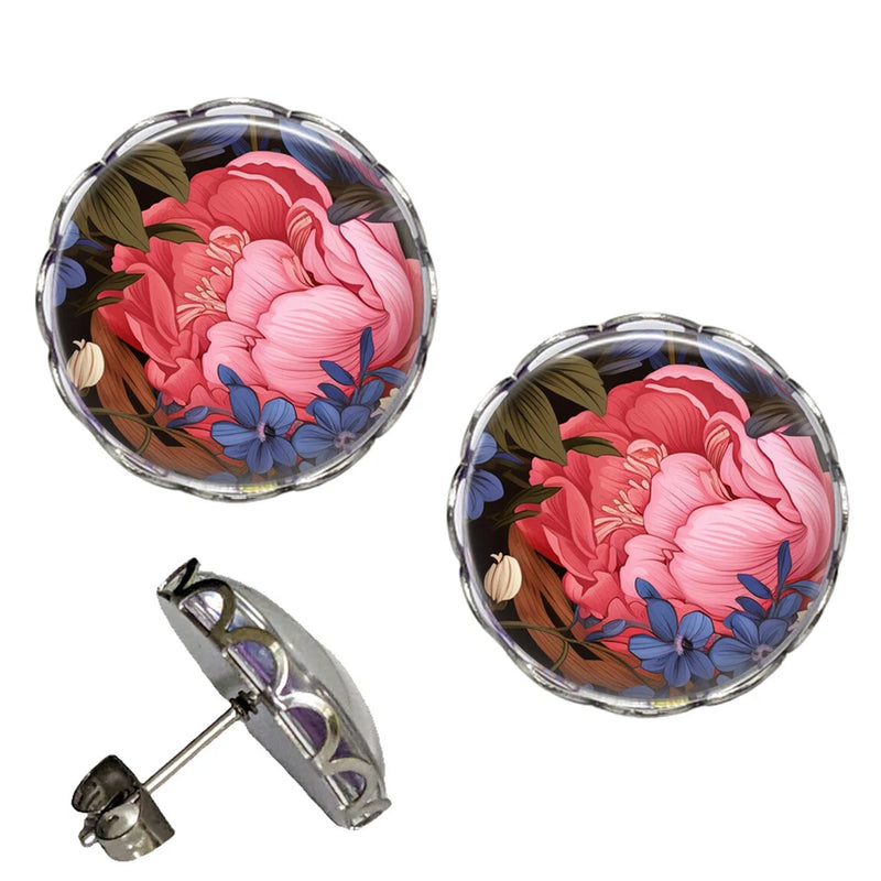 Scalloped stud earrings with pink peony floral cabochon and silver-tone posts