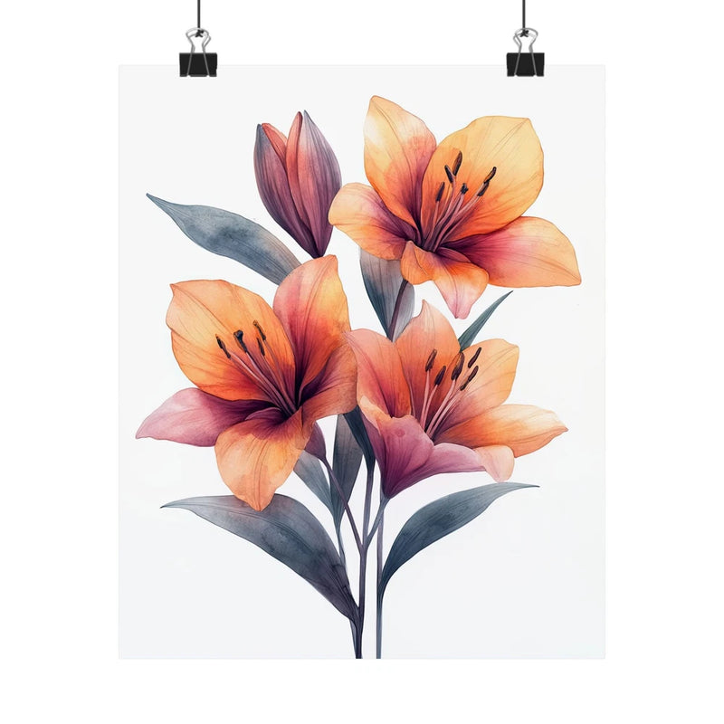 Lily flower art print poster with five orange and purple blossoms and green leaves