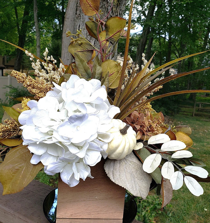 White hydrangea fall flower centerpiece, white hydrangea floral centerpiece Hydrangea