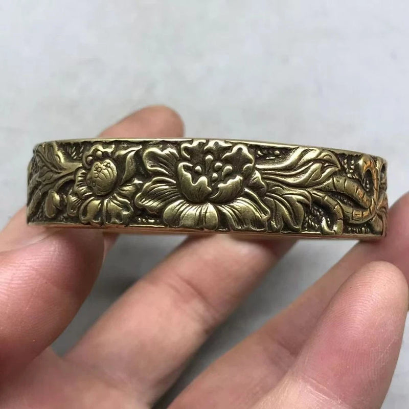 Vintage brass hand carved peony flower bracelet with adjustable opening Peony