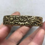 Vintage brass hand carved peony flower bracelet with adjustable opening Peony