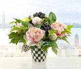 MacKenzie-Childs PEONY ARRANGEMENT COURTLY CHECK POT & LEAVES 11" NEW NO BOX Peony